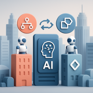 Illustration depicting a futuristic cityscape integrating AI agents in intelligent automation, highlighting the comparison between n8n and Make platforms with digital icons representing AI, workflow, and integration.
