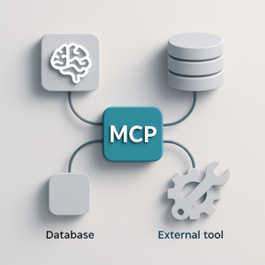 Illustration depicting the Model Context Protocol (MCP) as the universal connector for AI, with symbolic icons representing AI models, databases, and external tools interconnected through MCP.