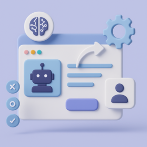 An illustration of a digital workspace with visual elements representing the creation of no-code AI agents. Icons and symbols for AI, automation, and user-friendly interfaces are prominently featured, illustrating the simplicity and accessibility of building AI solutions without programming skills.
