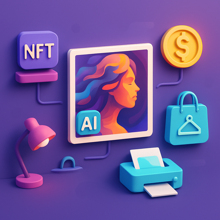 A conceptual representation of AI-generated art spanning various monetization avenues like NFTs, print-on-demand products, and stock photo sales, with futuristic elements and vibrant colors to capture the essence of digital creativity.