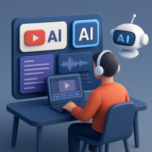A futuristic visual depicting a content creator using AI-powered tools to streamline YouTube video production. The image features a digital dashboard with various AI applications for scriptwriting, voiceover automation, and video editing, symbolizing the integration of artificial intelligence in the modern content creation process.