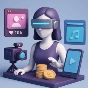 A futuristic digital representation of AI influencers generating revenue through various online platforms, showcasing digital creativity and innovation.