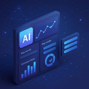 Illustration of a futuristic AI-driven SEO platform interface displaying analytics, keyword suggestions, and technical audit results against a backdrop of digital connections and algorithms.
