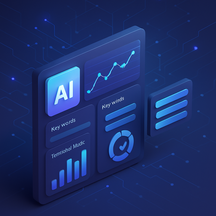 Illustration of a futuristic AI-driven SEO platform interface displaying analytics, keyword suggestions, and technical audit results against a backdrop of digital connections and algorithms.