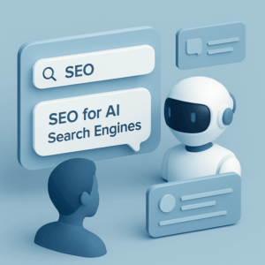 A conceptual illustration depicting AI-powered search engines, symbolized by futuristic digital interfaces and virtual assistants, guiding users through conversational-style search results. This image highlights the transition from traditional search methods to AI-enhanced search technologies.