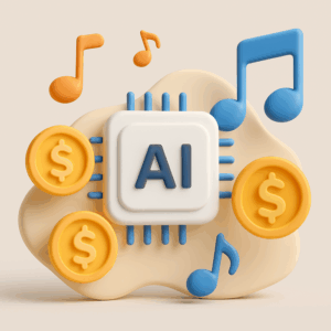 A creative and modern illustration depicting the process of monetizing music using Suno AI, featuring musical notes, dollar signs, and an abstract representation of AI technology.