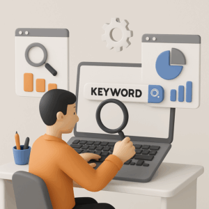 An illustration of an SEO analyst working on keyword research and website audits, showcasing various tools and data charts.