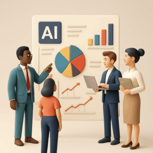 A diverse group of professionals analyzing AI-driven charts and graphs, symbolizing career opportunities in the tech industry.