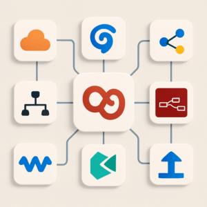 A dynamic illustration showcasing various workflow automation tools as alternatives to n8n, highlighting icons and logos of platforms like Activepieces, Pipedream, Node-RED, and more with connected lines symbolizing integration.