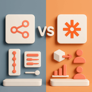 A side-by-side comparison illustration depicting the differences between n8n and Zapier, focusing on their features, use cases, and user capabilities.
