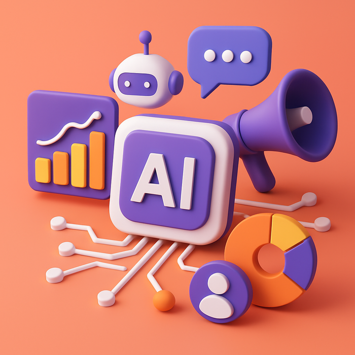 A vibrant and dynamic depiction of artificial intelligence seamlessly integrating with modern marketing strategies, illustrating how AI empowers marketers to enhance customer engagement through data-driven insights, personalization, and automation.