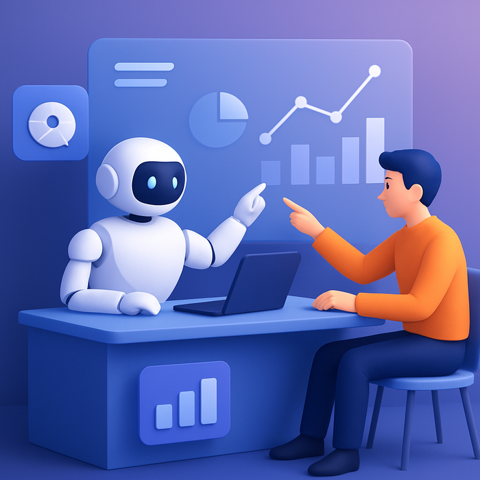 A futuristic illustration depicting human marketers and AI working collaboratively in a digital environment. The image features a human marketer analyzing data with the assistance of AI tools, symbolizing the symbiotic relationship between technology and human creativity.