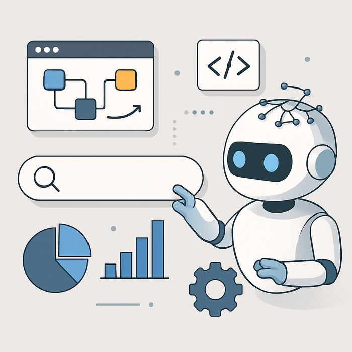 A conceptual illustration of artificial intelligence working with various digital tools and algorithms to optimize search engine processes, symbolizing the integration of AI in modern SEO strategies.