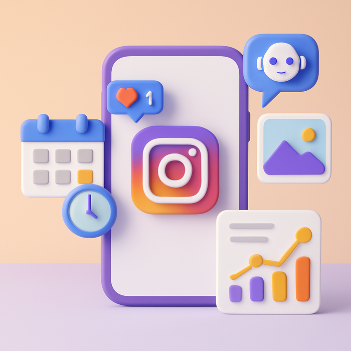 Illustration of various AI-powered tools transforming Instagram marketing in 2025, showcasing icons like a scheduling app, image enhancer, and analytics dashboard.