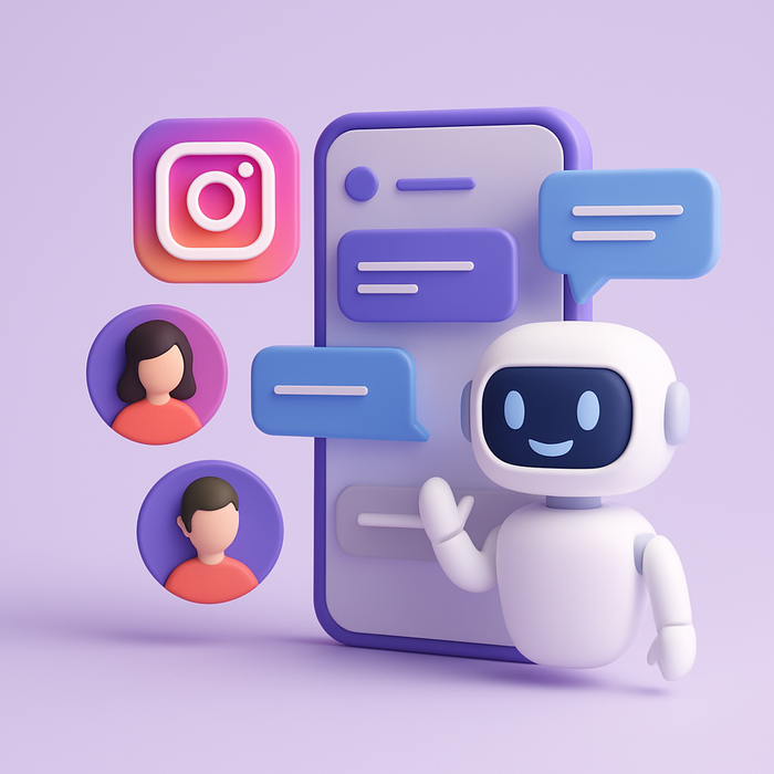 A futuristic visual of a digital assistant chatbot interacting with users on Instagram through direct messages, embodying the integration of AI in social media automation.