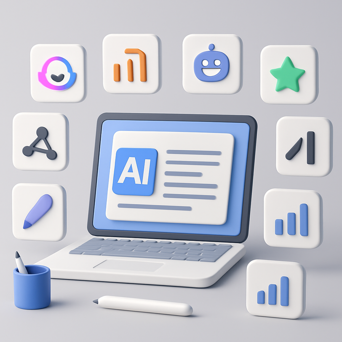 Illustration depicting the top AI content writer tools of 2025 with icons representing Jasper.ai, Surfer AI, and other leading tools, centered around a futuristic digital workspace.