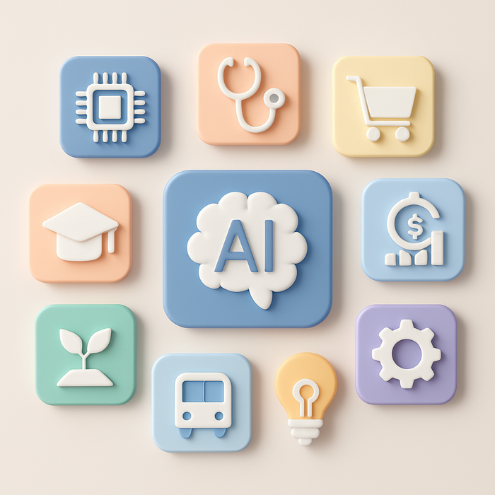 A graphical representation showcasing various industries where AI is most prevalent, including technology, healthcare, retail, finance, manufacturing, energy, transportation, agriculture, education, and government.