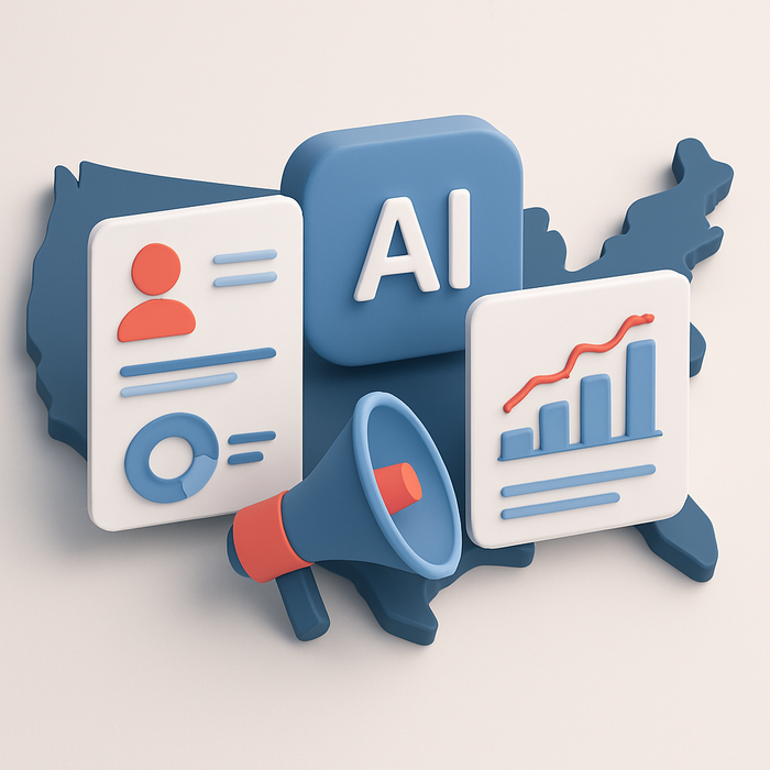 Illustration of futuristic AI-driven marketing strategies in the USA, depicting digital interfaces showcasing personalized customer data and automated campaign executions with AI elements.