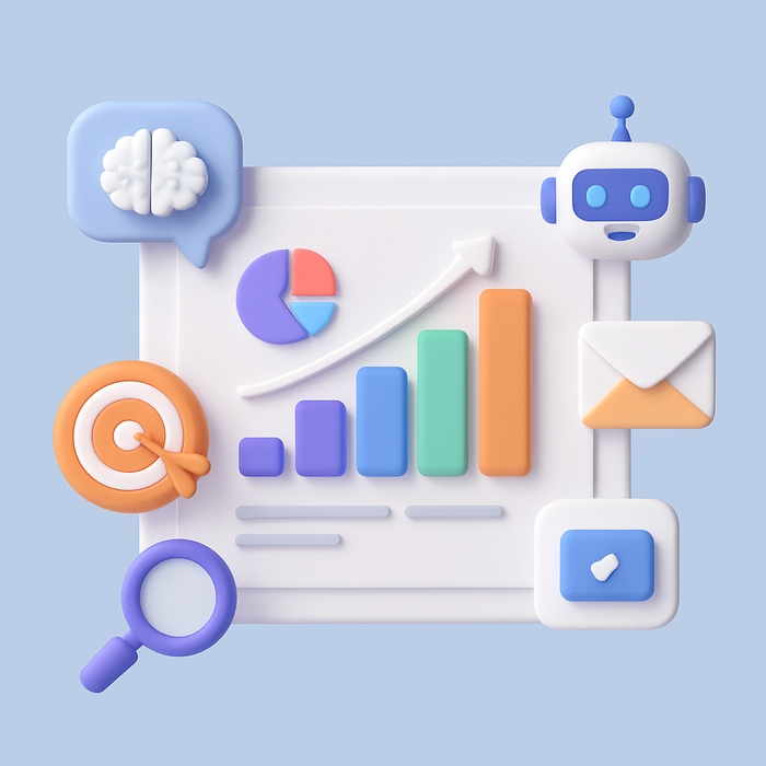 Illustration of various B2B marketing AI tools integrated into a digital marketing dashboard representing growth and innovation in 2025.