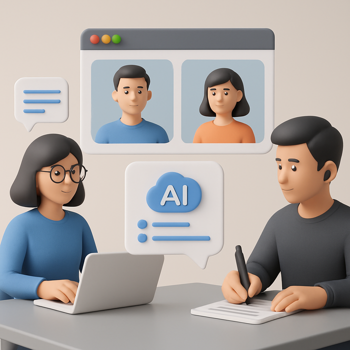 An illustration of tech-savvy professionals in a virtual meeting, using AI tools to take notes and generate real-time summaries.