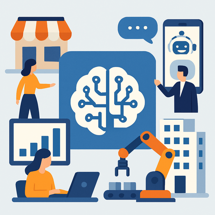 Illustration of various business sectors integrating AI technology to enhance efficiency and customer experience. Small businesses to large enterprises are shown embracing AI tools like chatbots, data analytics, and automation systems to solve industry-specific challenges and drive growth.