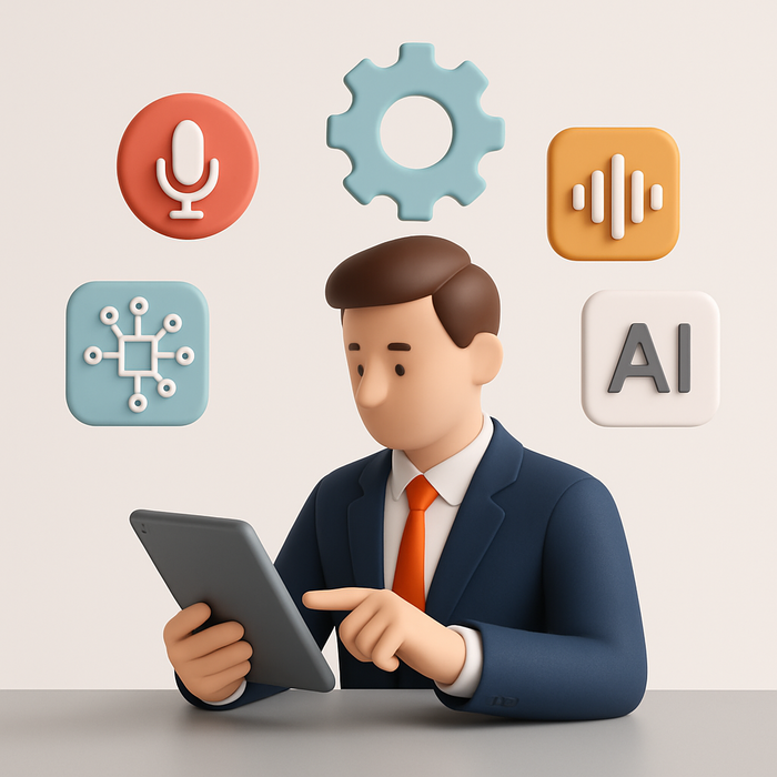 Illustration of a business leader using a tablet, with podcast icons and AI-related imagery surrounding them, symbolizing the impact of AI-focused podcasts on business strategy.