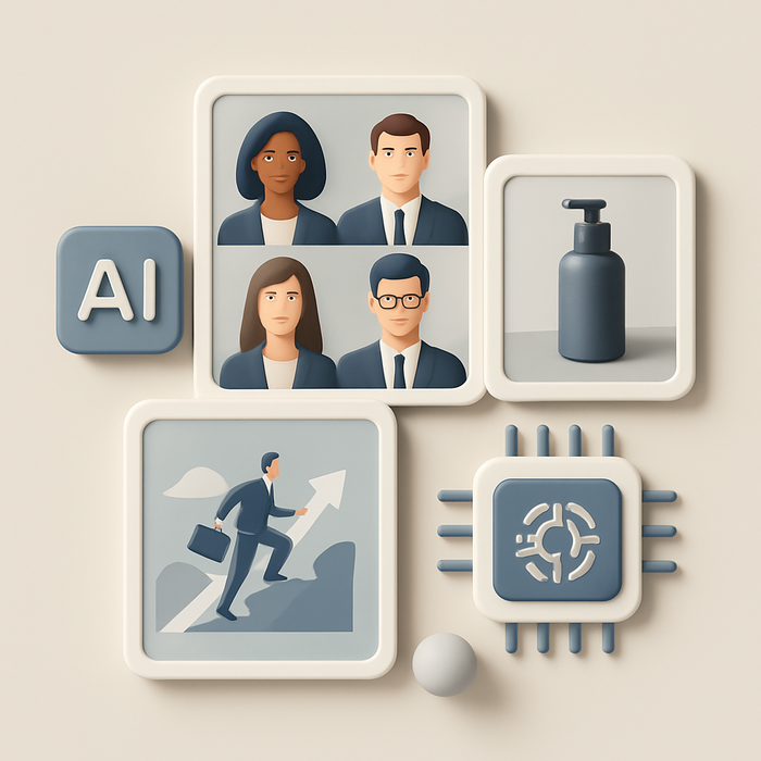 A futuristic representation of AI-generated business imagery, showcasing various types of professional and product photos created with advanced AI tools in 2025. The image includes elements like team headshots, product photography, and creative stock illustrations, all harmoniously blended to illustrate the evolution of AI in business photography.