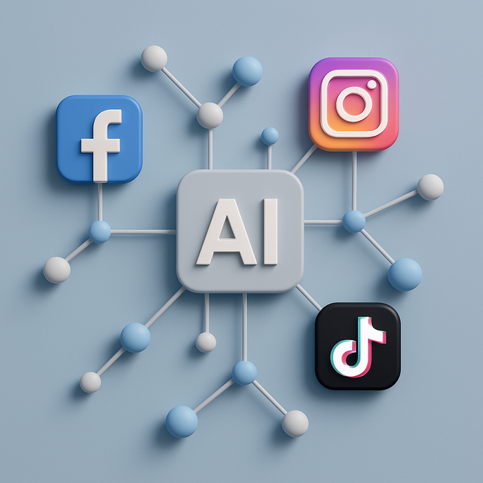A visually captivating infographic illustrating how social media AI algorithms curate content, featuring interconnected digital nodes representing platforms like Facebook, Instagram, and TikTok working together to determine user feeds.