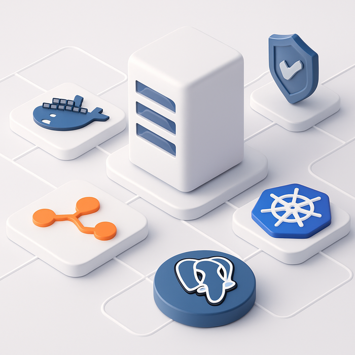 Illustration of a server setup for self-hosting n8n, featuring elements like Docker, Kubernetes, and PostgreSQL, highlighting the themes of automation, scalability, and security on a digital network.