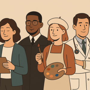 A creative illustration showing a diverse set of professionals thriving in their roles, highlighting the human skills that AI cannot replace such as emotional intelligence, ethics, and creativity.