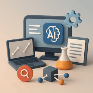 An abstract illustration depicting various AI research tools used in 2025, symbolizing technological integration in academic and corporate research environments.
