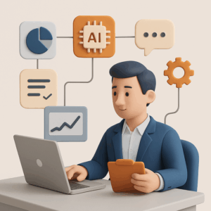 Illustration of an AI product manager in 2025, highlighting diverse responsibilities like data strategy, ethical AI, and team collaboration.