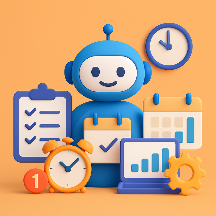 A vibrant and modern illustration depicting AI-powered digital assistants efficiently managing tasks and schedules for enhanced productivity.
