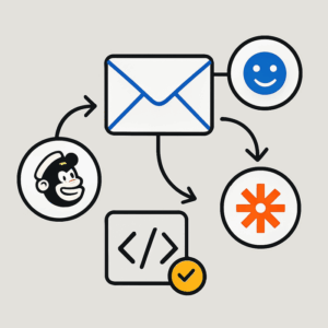 A visual representation of email automation without coding, featuring icons of popular tools such as Mailchimp, Brevo, and Zapier connected by arrows, symbolizing seamless integration and workflow automation.
