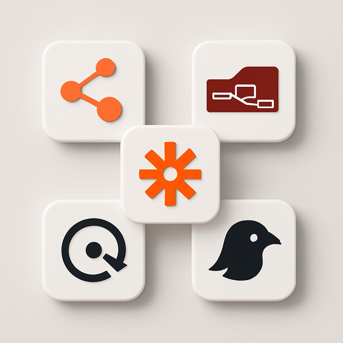 Illustration of various open-source automation tools icons such as n8n, Node-RED, Temporal, and Huginn, symbolizing their role as alternatives to Zapier in 2025.