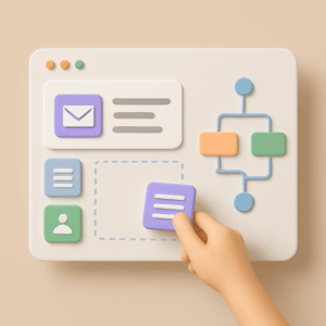 An illustration depicting a user-friendly interface for no-code email marketing automation, highlighting drag-and-drop features, visual workflows, and personalization elements.