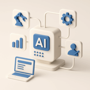 Illustration depicting AI automation in business, featuring interconnected AI systems enhancing operational efficiency and decision-making processes across various industries.