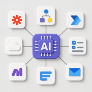 A visual representation of AI-powered, no-code workflow automation tools and platforms, featuring icons of popular services like Zapier, Make.com, and Microsoft Power Automate connected through a network of app integrations.