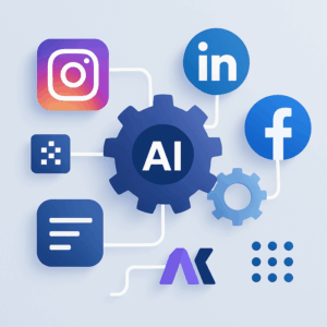A futuristic concept image showing AI-driven gears and digital elements representing automation seamlessly connecting popular social media platforms like Instagram, LinkedIn, and Facebook, demonstrating the integration of AI technologies and Make.com for streamlined content management.