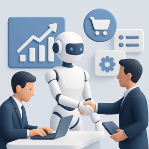Illustration of a futuristic AI robot assisting a business team with sales processes, symbolizing seamless integration and efficiency in sales AI automation.