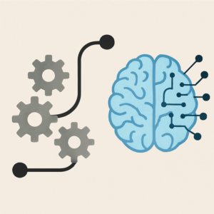 Illustration showing the conceptual difference between automation and artificial intelligence, with automation represented as a series of gears following a set path and AI depicted with a human-like brain learning from data.
