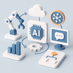 Illustration of various AI automation tools interacting to streamline business processes, with symbols representing machine learning, natural language processing, and robotic process automation.