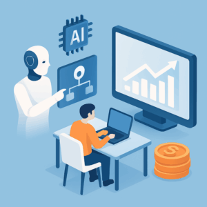 A futuristic representation of AI-driven affiliate marketing processes, showcasing AI tools assisting individuals in optimizing their affiliate strategies for earning revenue in 2025.