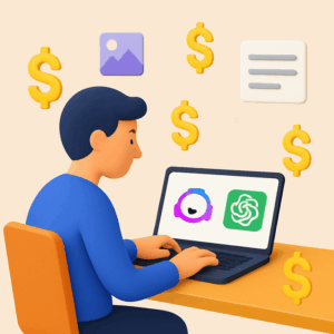 A digital illustration showcasing a person using AI tools like Jasper and ChatGPT on a laptop, surrounded by dollar signs and content icons, symbolizing the potential to earn money through AI copywriting in 2025.
