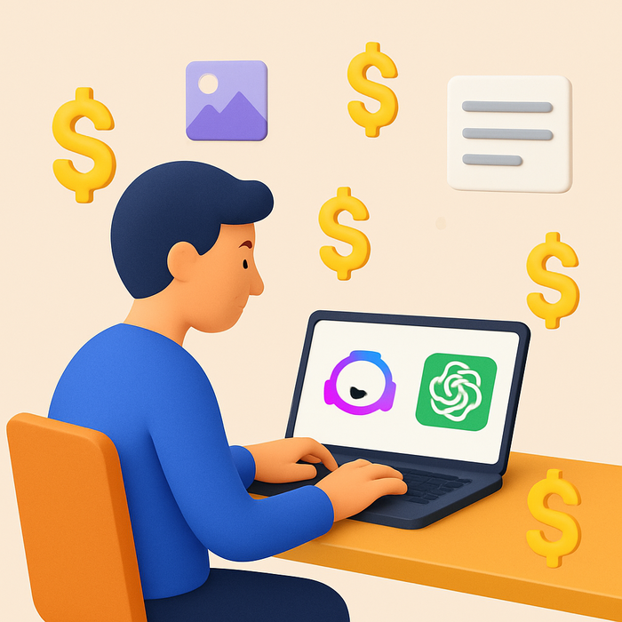 A digital illustration showcasing a person using AI tools like Jasper and ChatGPT on a laptop, surrounded by dollar signs and content icons, symbolizing the potential to earn money through AI copywriting in 2025.