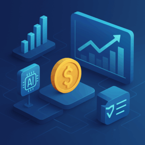 A futuristic digital landscape with AI-driven marketing charts, showcasing data analytics, automated advertising, and content optimization tools. The image represents the transformative power of AI in shaping the future of marketing strategies.