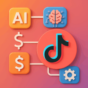 A vibrant graphic depicting AI icons intertwined with TikTok's logo, symbolizing innovative ways to monetize content in 2025 using AI on the TikTok platform.