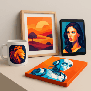 A captivating collage showcasing diverse AI-generated images on various products like mugs, posters, and digital screens. The image emphasizes the commercial potential and creative versatility of AI art in today's market.