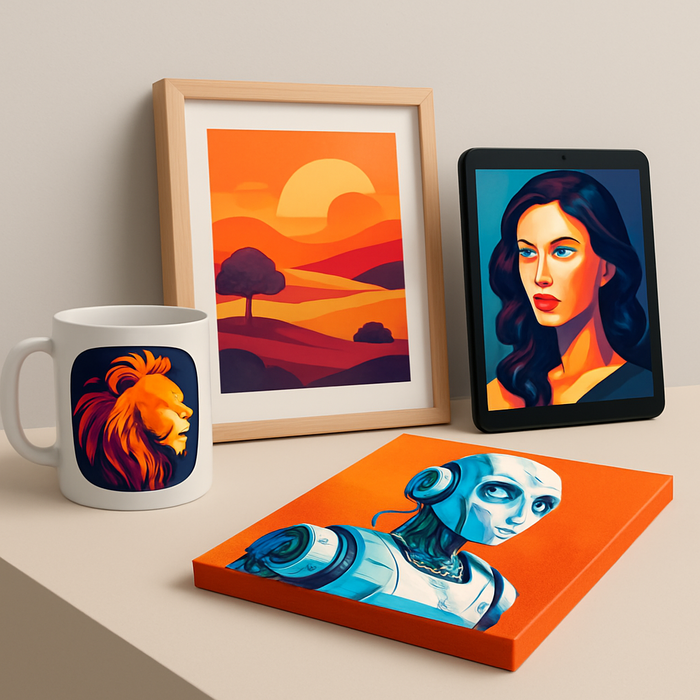 A captivating collage showcasing diverse AI-generated images on various products like mugs, posters, and digital screens. The image emphasizes the commercial potential and creative versatility of AI art in today's market.