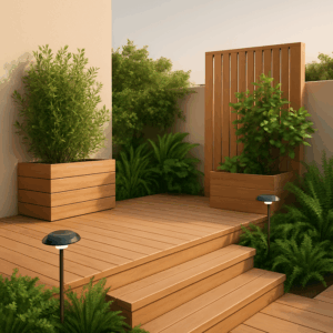 A beautifully designed eco-friendly deck featuring sustainable materials, lush greenery, and solar-powered lighting, perfect for environmentally conscious homeowners.